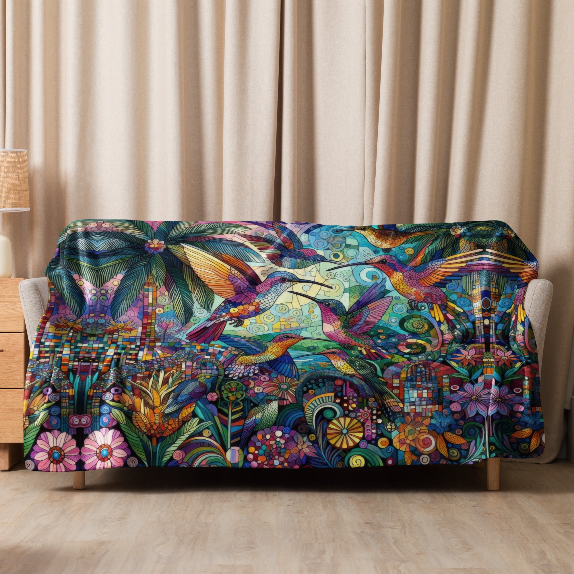 Hummingbird Kaleidoscope Sherpa blanket - Gregg Acini Adoree Designs -