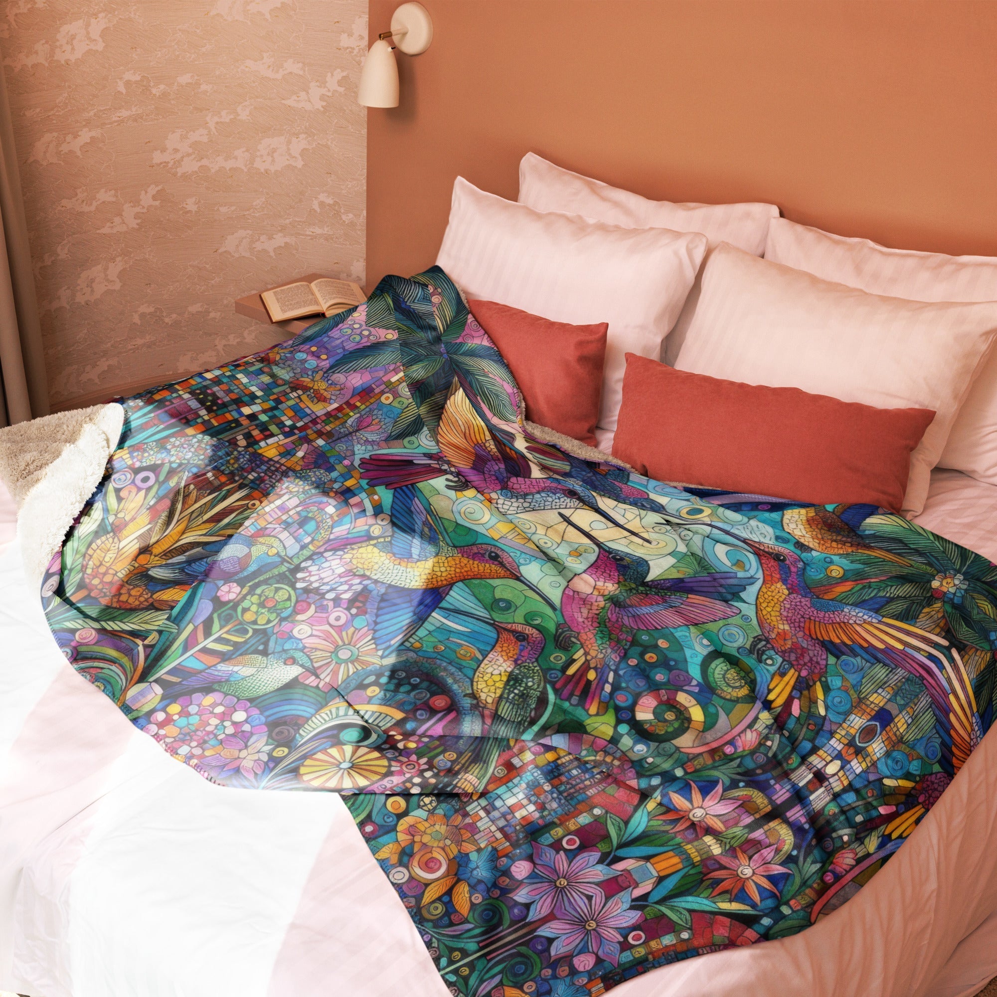 Hummingbird Kaleidoscope Sherpa blanket - Gregg Acini Adoree Designs -