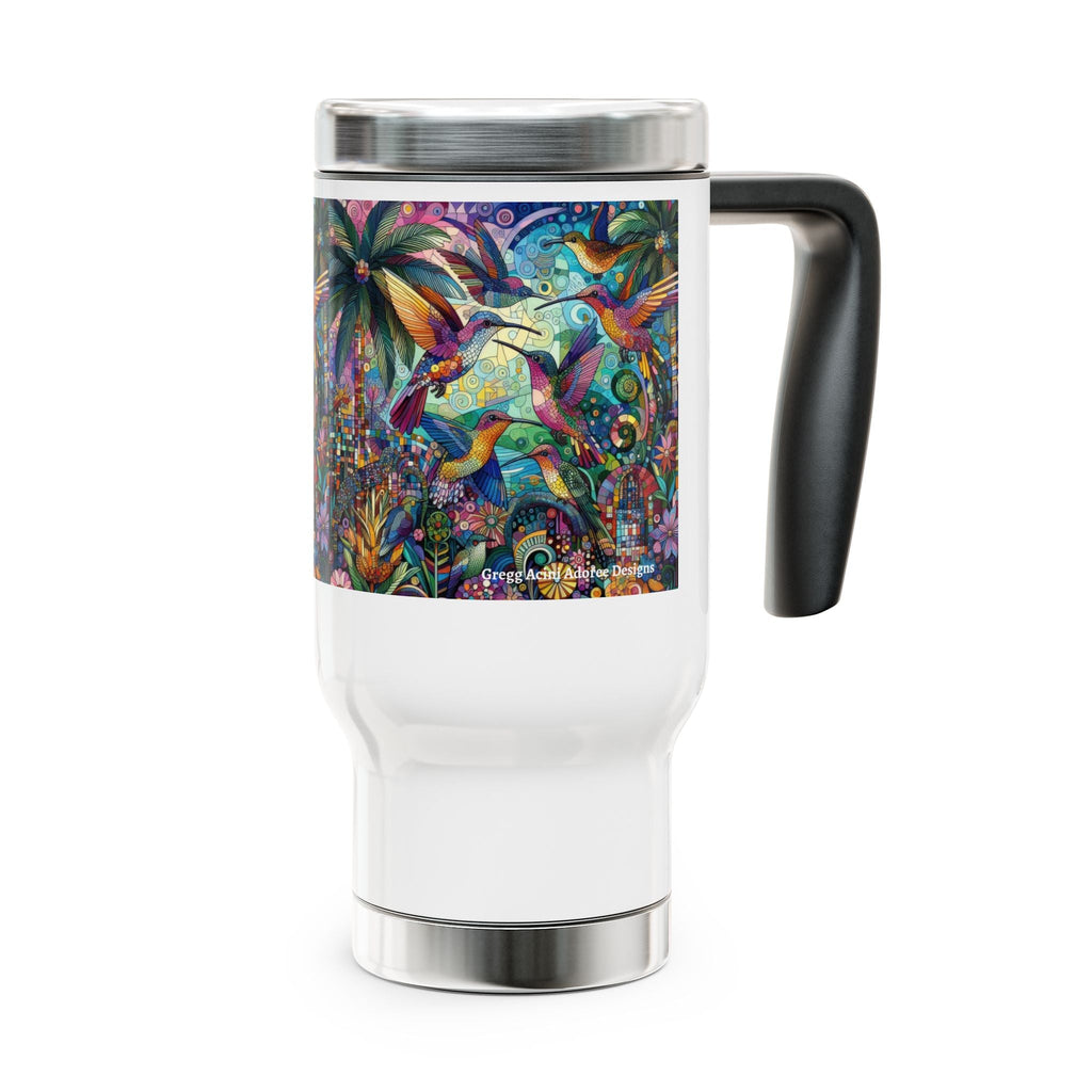 Hummingbird Kaleidoscope Stainless Steel Travel Mug - 14oz Handle Design - Gregg Acini Adoree Designs - Mug