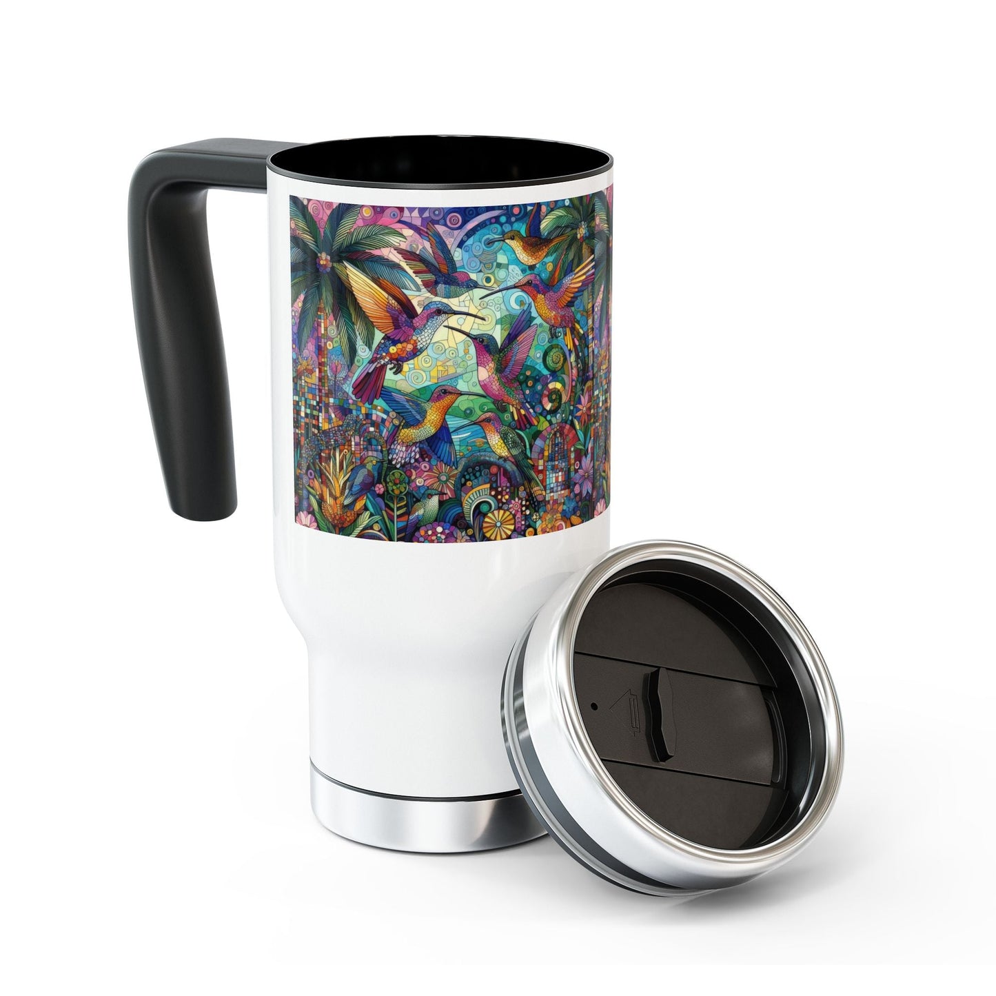 Hummingbird Kaleidoscope Stainless Steel Travel Mug - 14oz Handle Design - Gregg Acini Adoree Designs - Mug