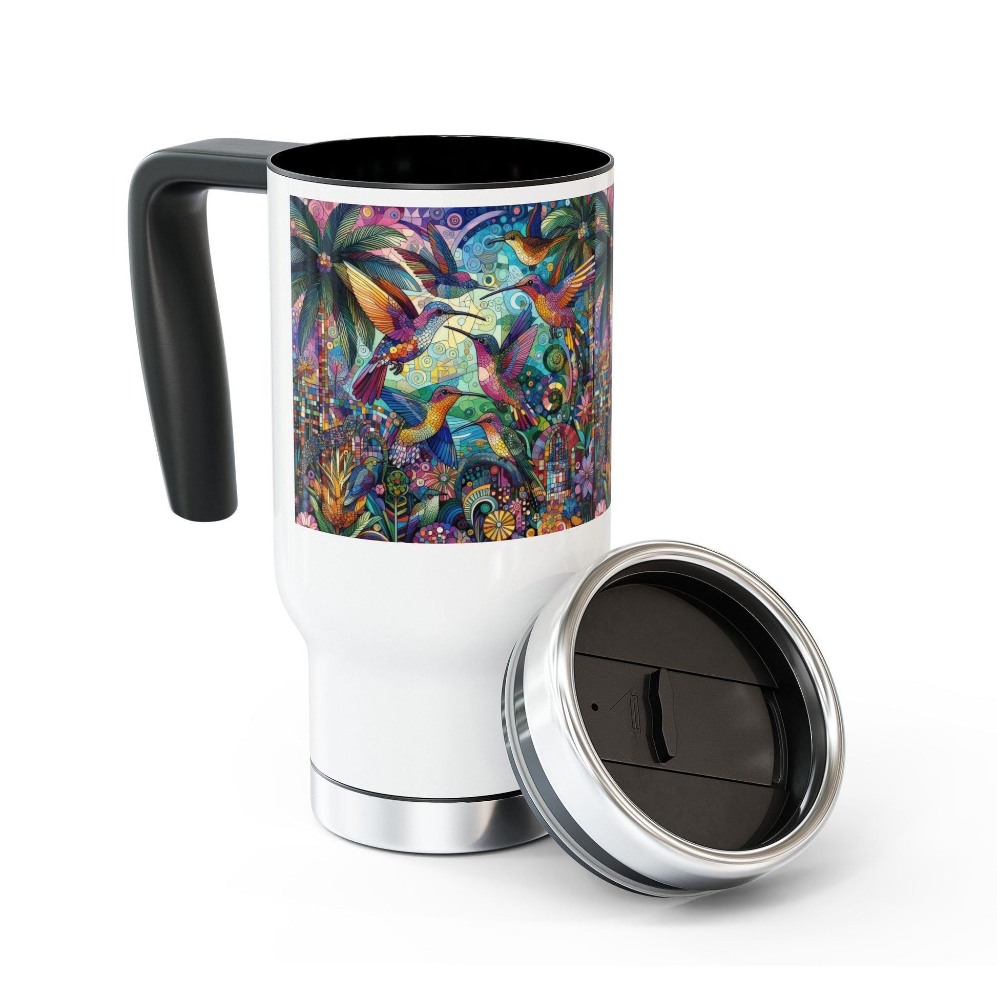 Hummingbird Kaleidoscope Stainless Steel Travel Mug - 14oz Handle Design - Gregg Acini Adoree Designs - Mug