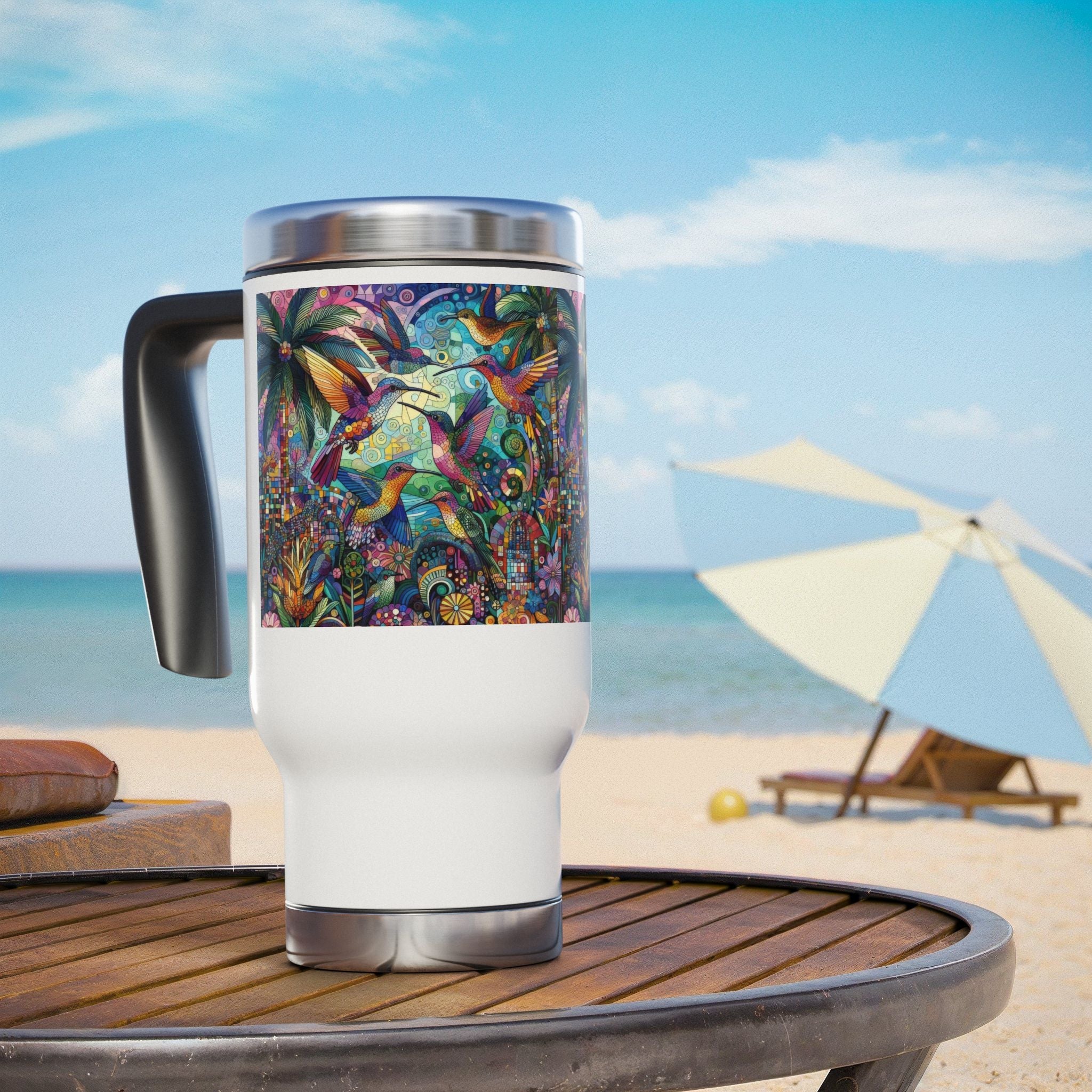 Hummingbird Kaleidoscope Stainless Steel Travel Mug - 14oz Handle Design - Gregg Acini Adoree Designs - Mug