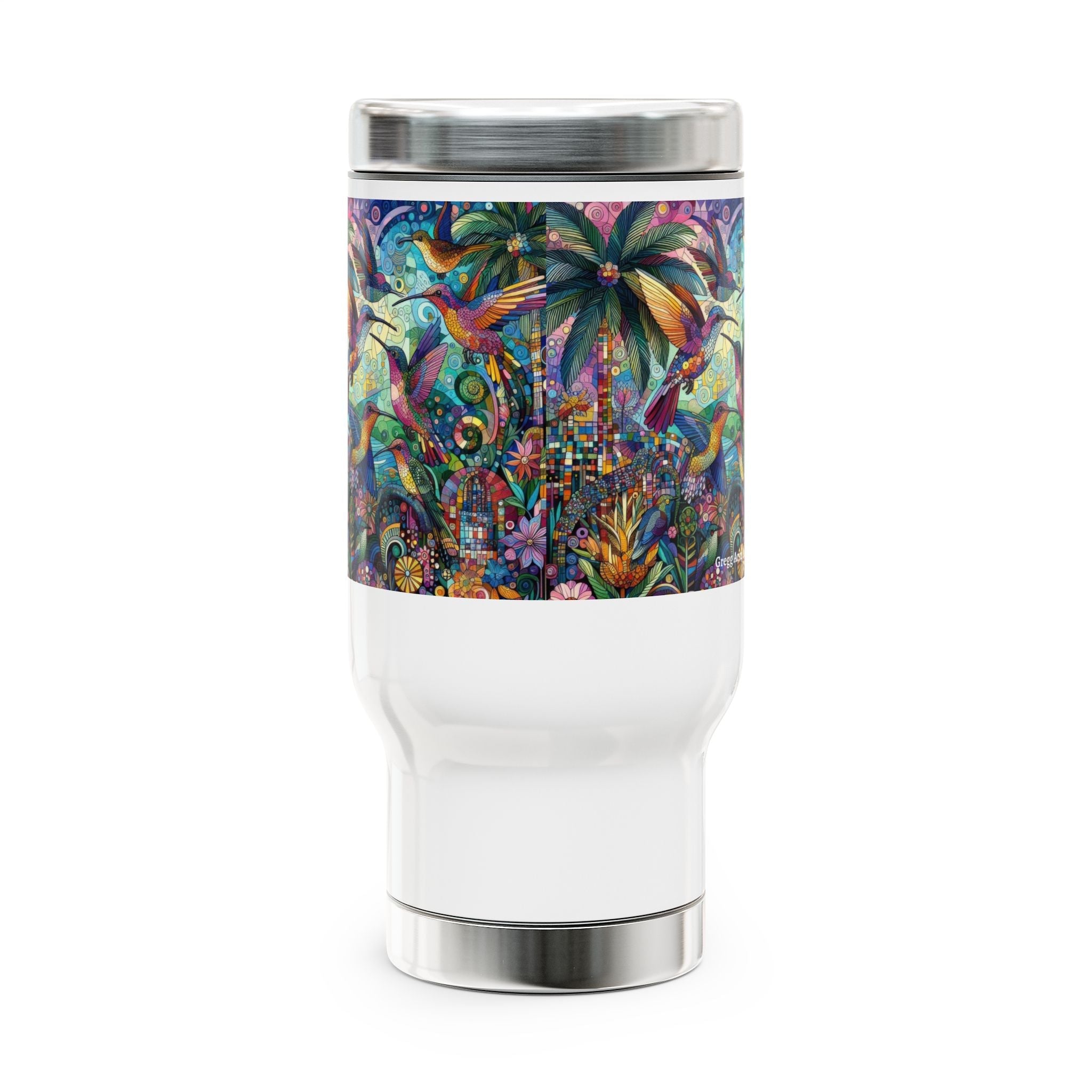 Hummingbird Kaleidoscope Stainless Steel Travel Mug - 14oz Handle Design - Gregg Acini Adoree Designs - Mug