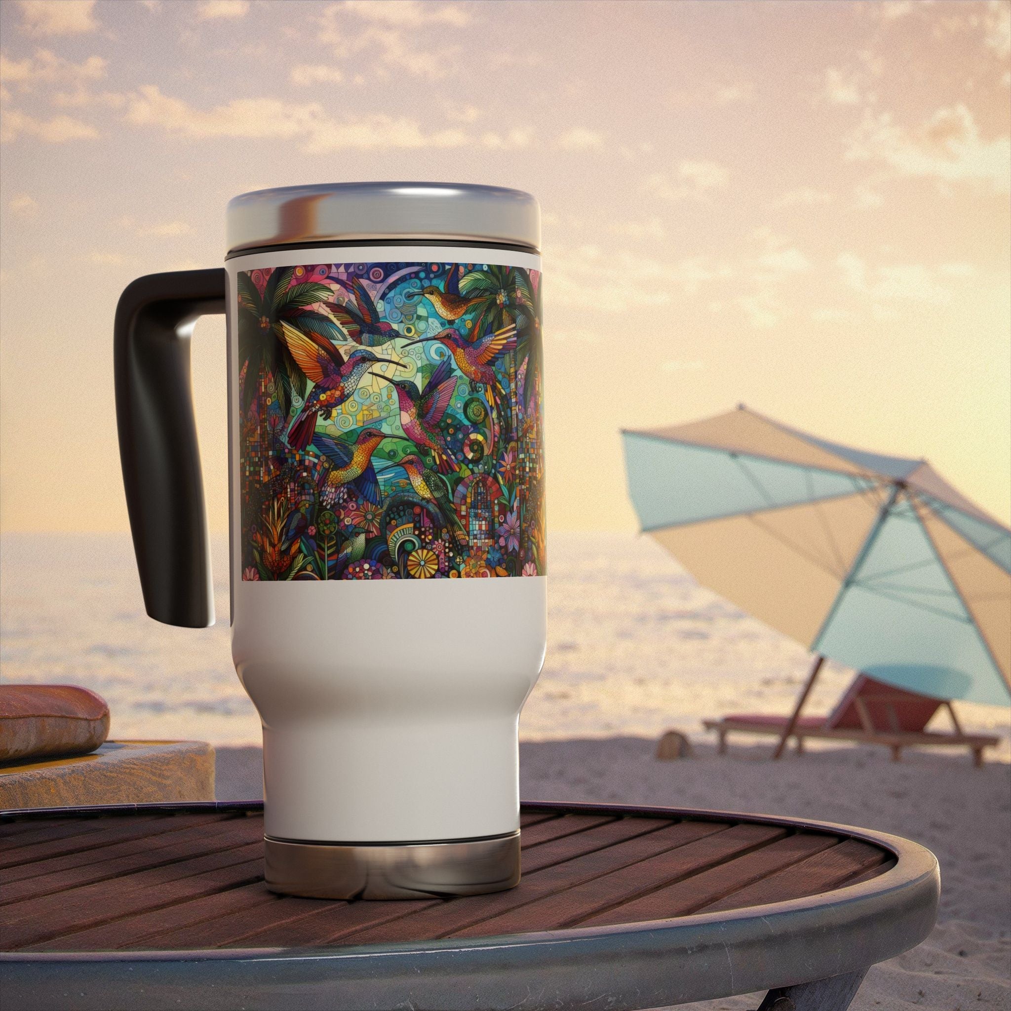 Hummingbird Kaleidoscope Stainless Steel Travel Mug - 14oz Handle Design - Gregg Acini Adoree Designs - Mug