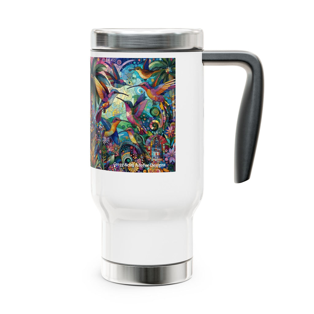 Hummingbird Kaleidoscope Stainless Steel Travel Mug - 14oz Handle Design - Gregg Acini Adoree Designs - Mug