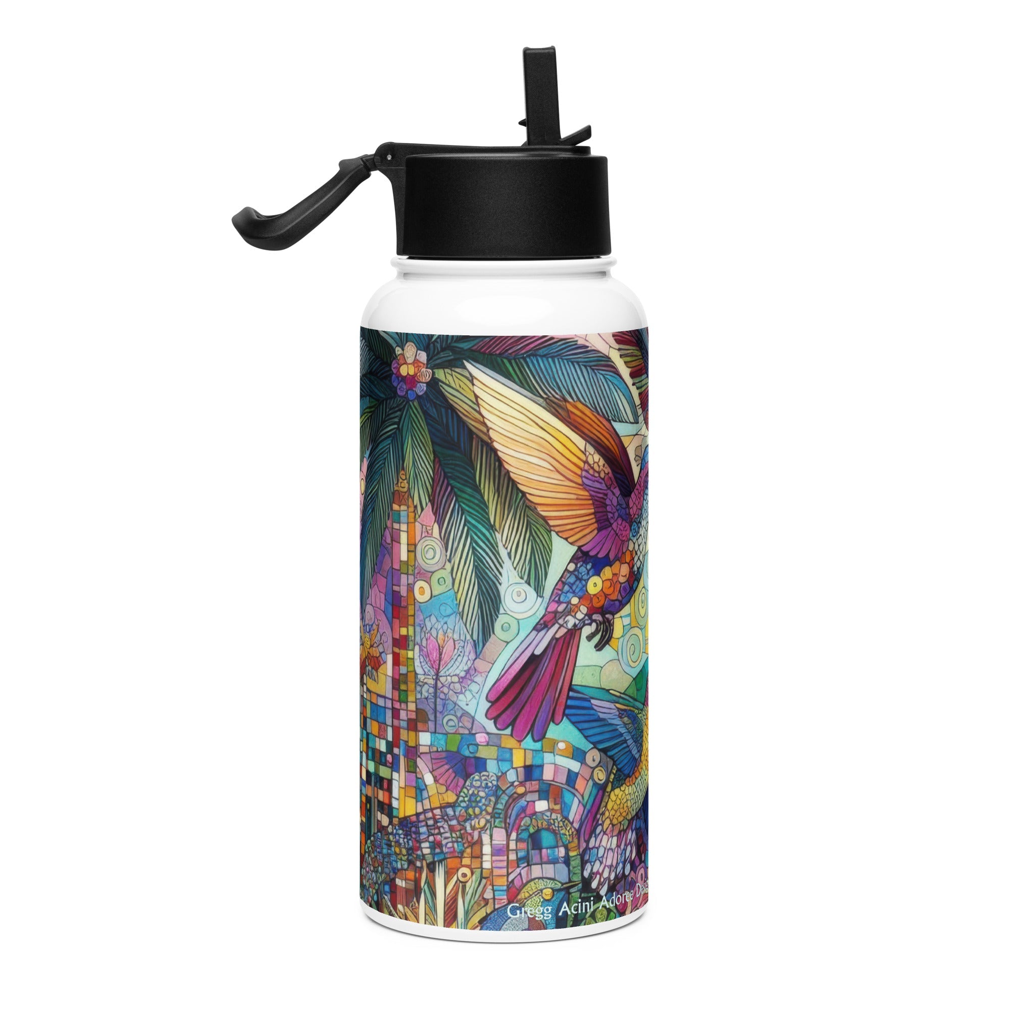 Hummingbird Kaleidoscope Stainless steel water bottle with a straw lid - Gregg Acini Adoree Designs - water bottle