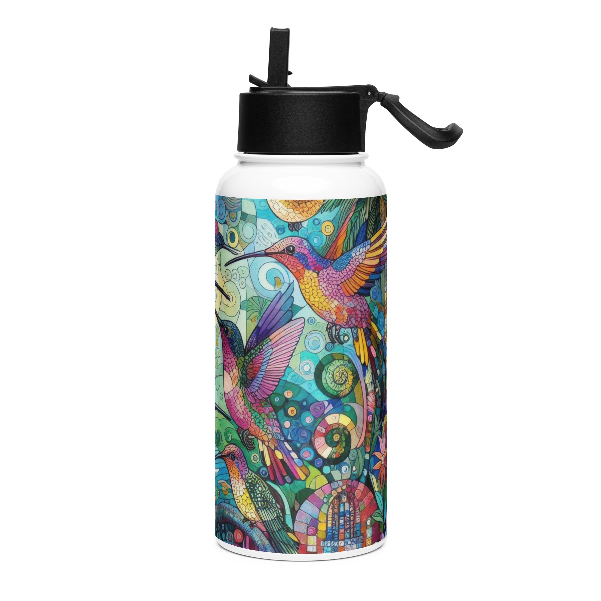 Hummingbird Kaleidoscope Stainless steel water bottle with a straw lid - Gregg Acini Adoree Designs - water bottle
