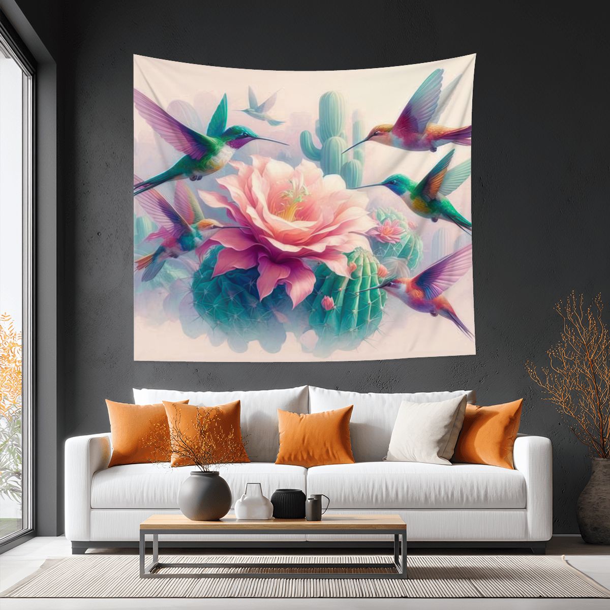 Hummingbirds and Cactus Lightweight Wall Tapestry (Fabric Wall Hanging - USA) - Gregg Acini Adoree Designs - Wall Coverings