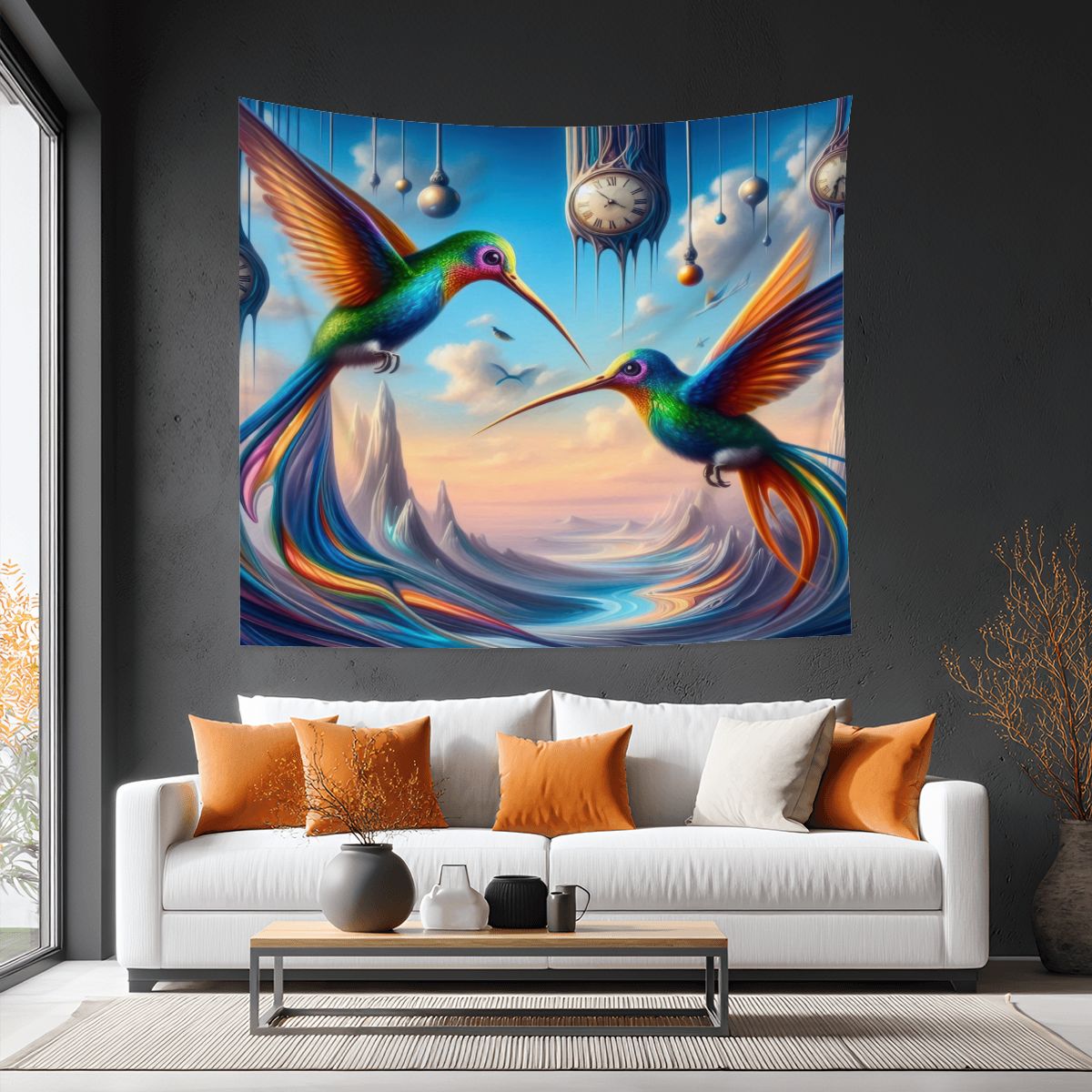 Hummingbirds and Clocks Lightweight Wall Tapestry (Fabric Wall Hanging - USA) - Gregg Acini Adoree Designs - Wall Coverings
