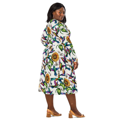 Hummingbirds and Sunflowers All - over print long sleeve midi dress by Gregg Acini Adoree Designs - Gregg Acini Adoree Designs - Dress