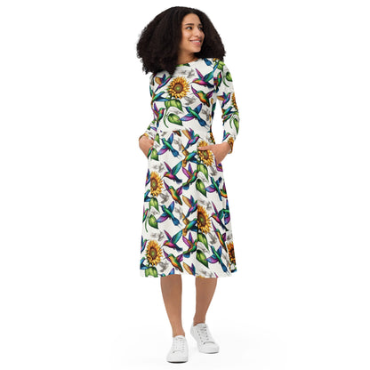 Hummingbirds and Sunflowers All - over print long sleeve midi dress by Gregg Acini Adoree Designs - Gregg Acini Adoree Designs - Dress