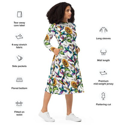 Hummingbirds and Sunflowers All - over print long sleeve midi dress by Gregg Acini Adoree Designs - Gregg Acini Adoree Designs - Dress