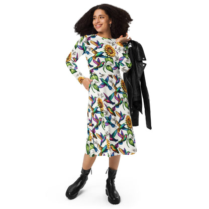 Hummingbirds and Sunflowers All - over print long sleeve midi dress by Gregg Acini Adoree Designs - Gregg Acini Adoree Designs - Dress