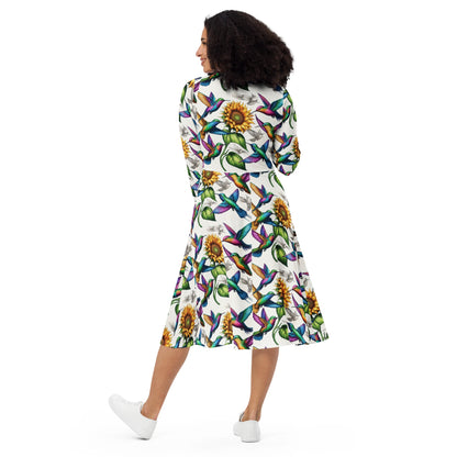 Hummingbirds and Sunflowers All - over print long sleeve midi dress by Gregg Acini Adoree Designs - Gregg Acini Adoree Designs - Dress