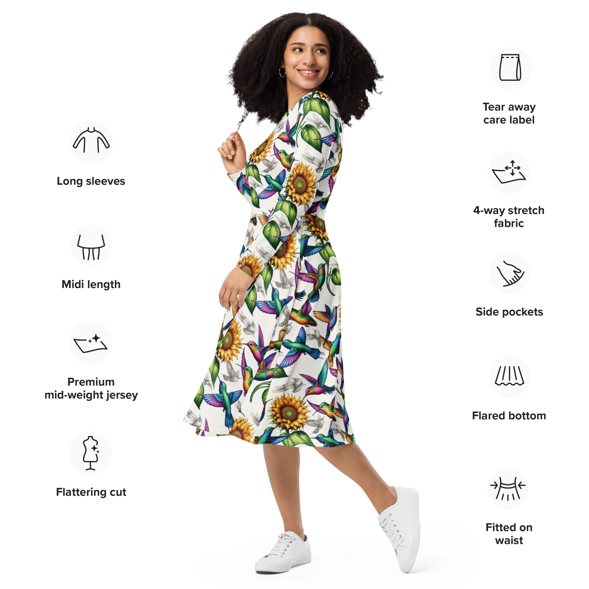 Hummingbirds and Sunflowers All - over print long sleeve midi dress by Gregg Acini Adoree Designs - Gregg Acini Adoree Designs - Dress