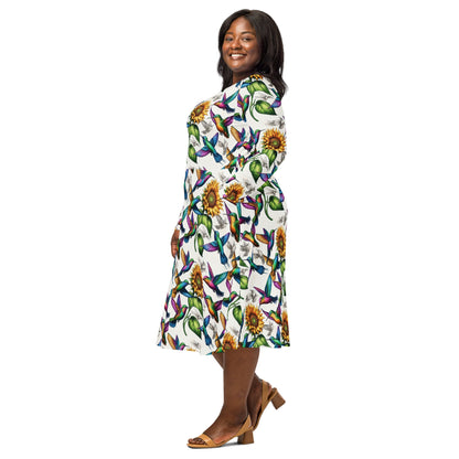Hummingbirds and Sunflowers All - over print long sleeve midi dress by Gregg Acini Adoree Designs - Gregg Acini Adoree Designs - Dress
