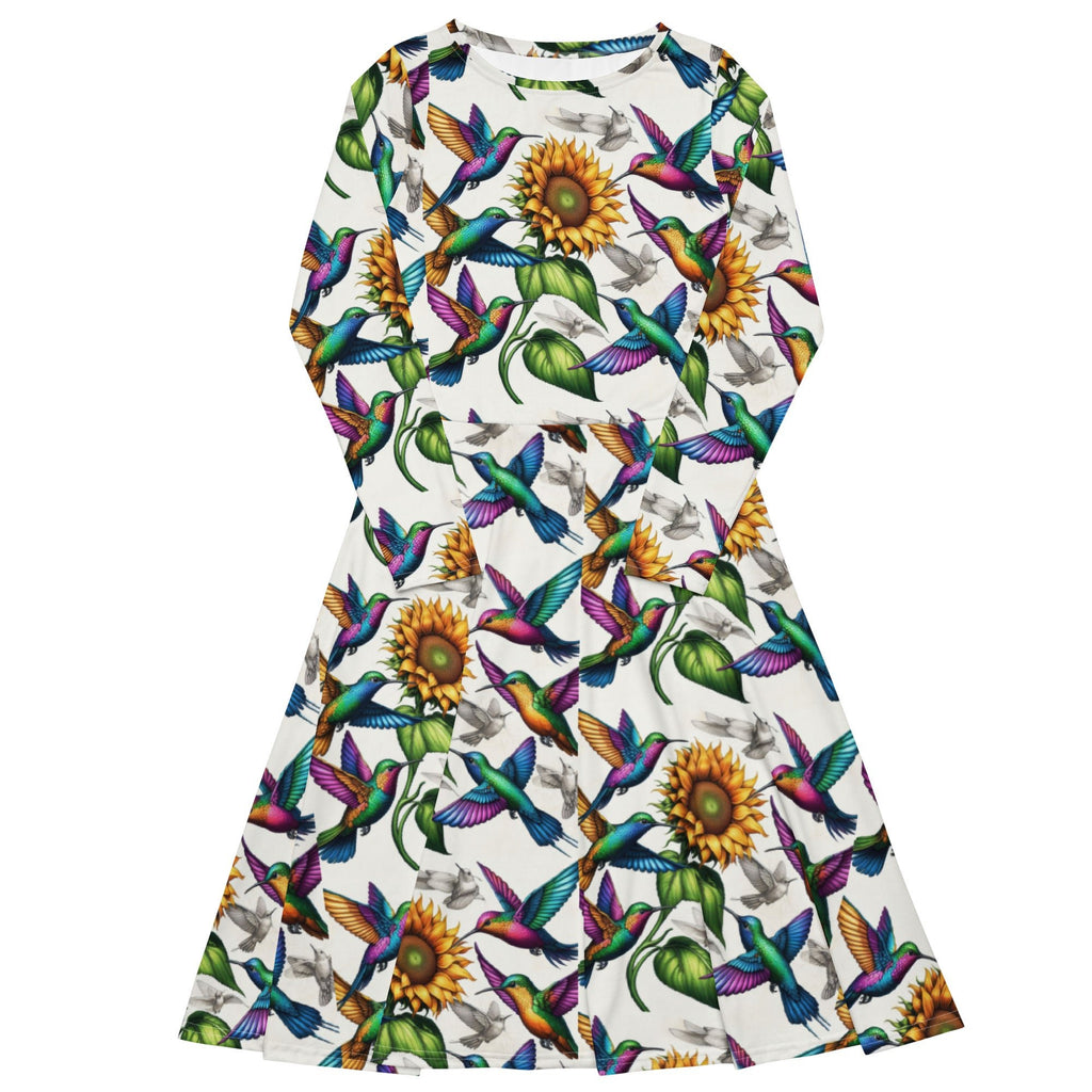 Hummingbirds and Sunflowers All - over print long sleeve midi dress by Gregg Acini Adoree Designs - Gregg Acini Adoree Designs - Dress
