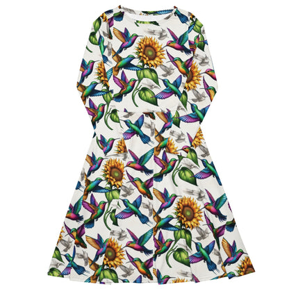 Hummingbirds and Sunflowers All - over print long sleeve midi dress by Gregg Acini Adoree Designs - Gregg Acini Adoree Designs - Dress