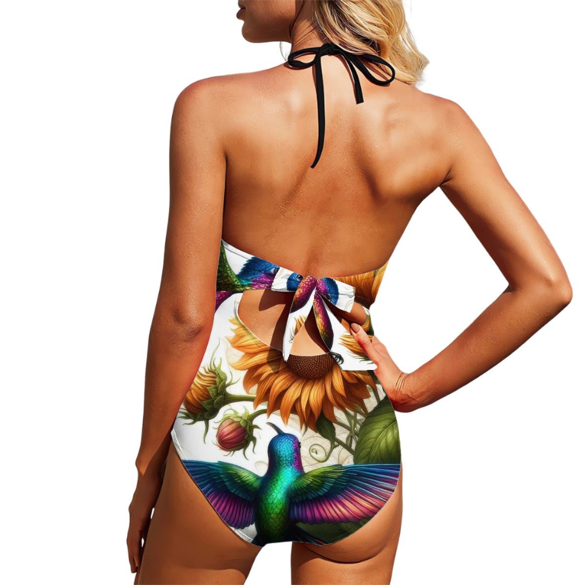 Hummingbirds and Sunflowers Lace - Up One Piece Swimsuit Women - Gregg Acini Adoree Designs - Women's Swimwear