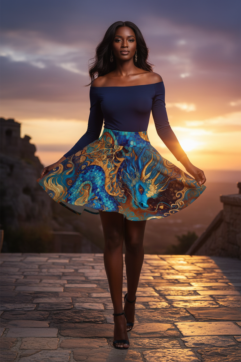 Blue Gold Dragon Skater Skirt - Gregg Acini Adoree Designs