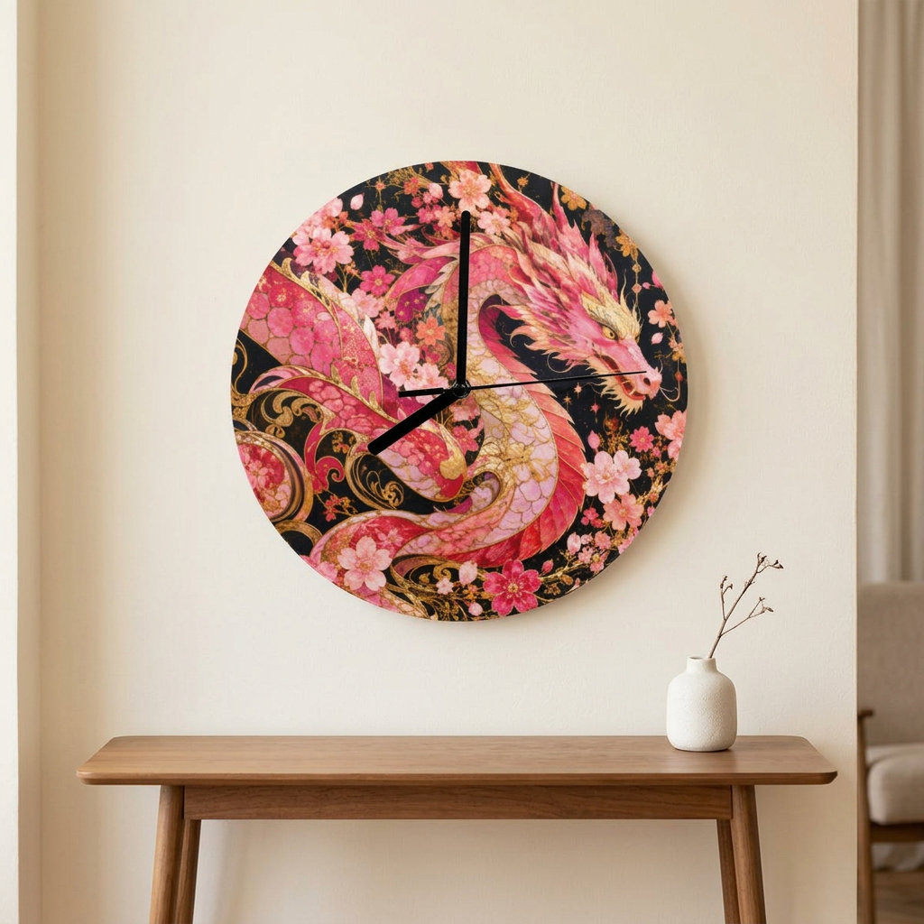 Pink and Gold Sakura Dragon wall clock on an ivory wall above a wooden console with a white vase.