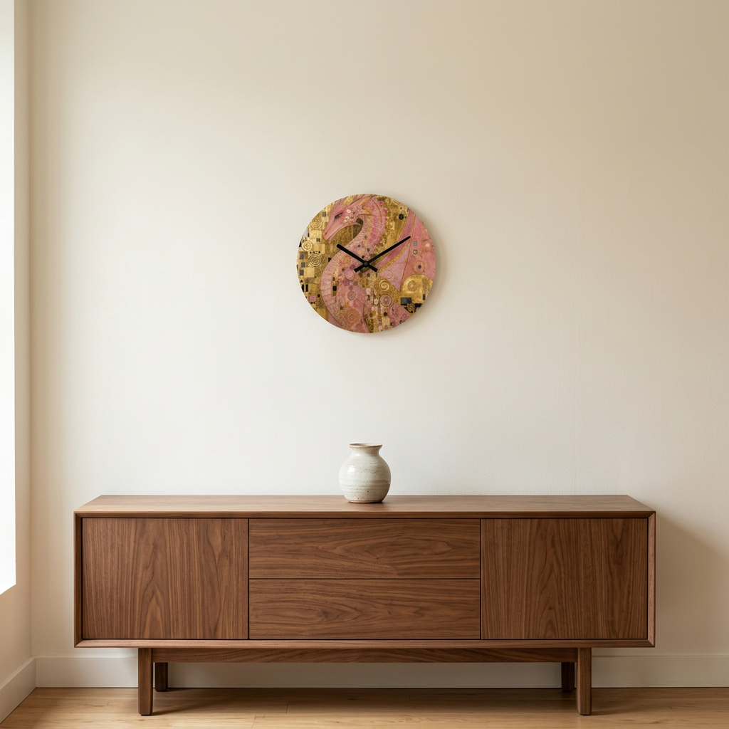 Pink Dragon wall clock with Klimt-inspired golden mosaic artwork above a walnut console