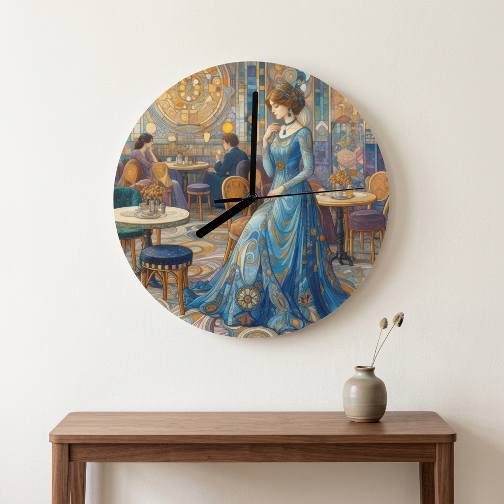 Sapphire at the Blue Café Art Nouveau wall clock displayed on an ivory wall above a walnut console.