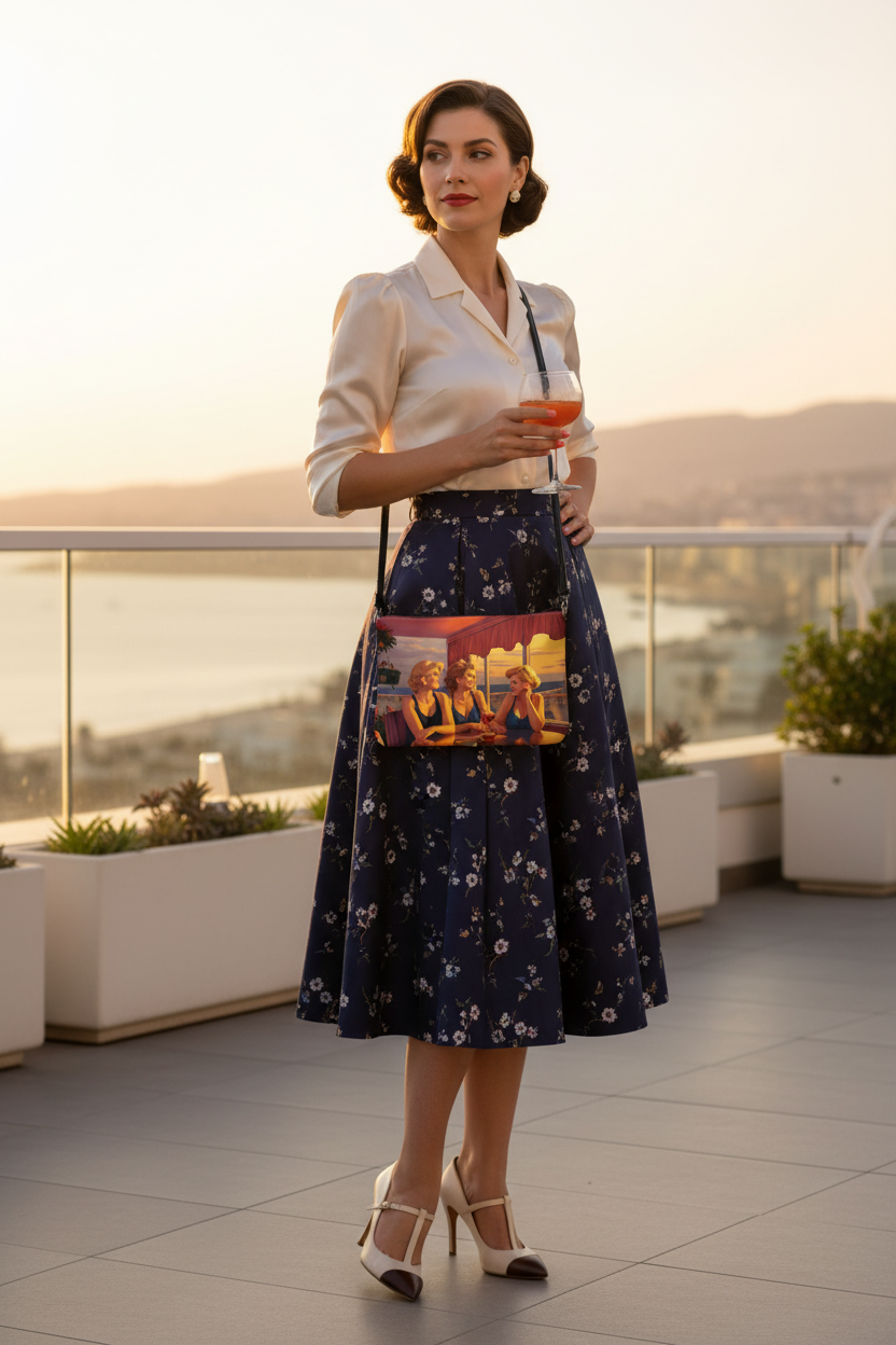 Woman wearing Glamorous Friends Hopper-style retro art crossbody bag at a coastal terrace setting