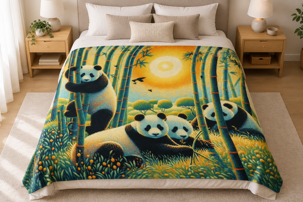 Panda Family flannel throw blanket displaying four pandas on a bed