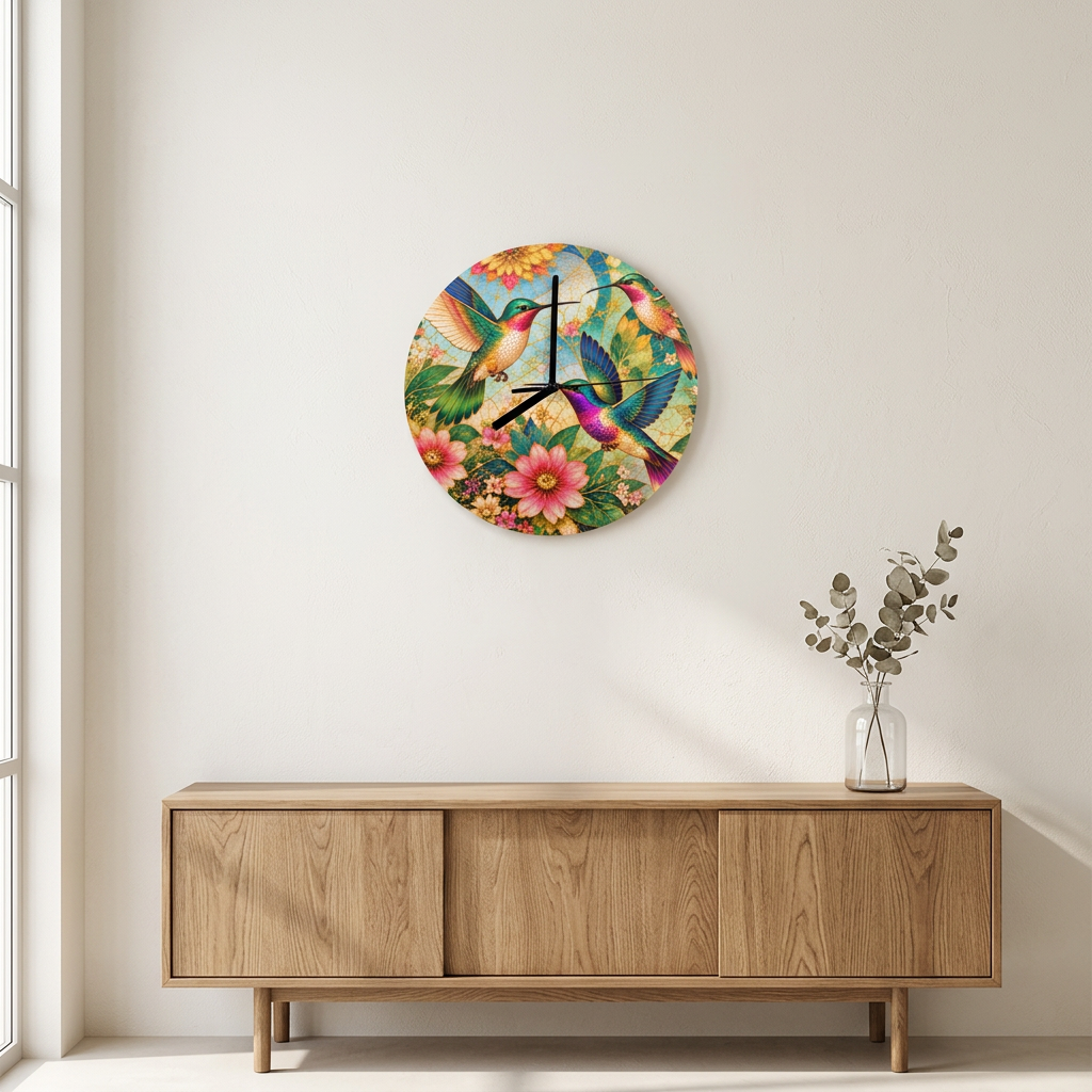 Garden of Gilded Wings hummingbird wall clock displayed above an oak console on an ivory wall