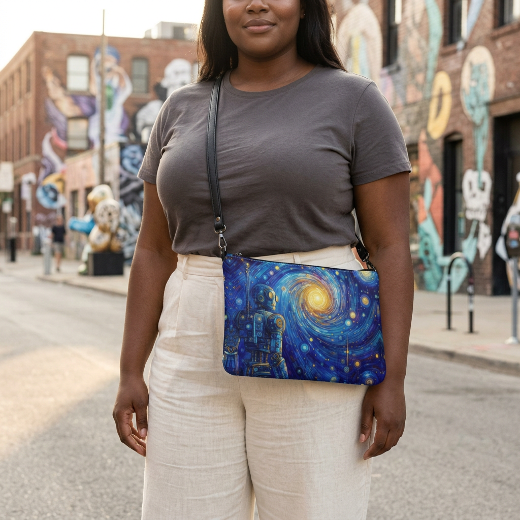 Robot Galaxy blue-and-gold crossbody bag worn with a neutral outfit on an arts-district street