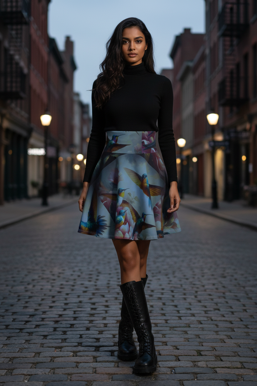 Deep Multicolor Hummingbirds Women's Skater Skirt - Gregg Acini Adoree Designs