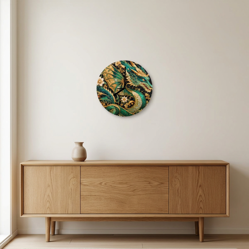 Gilded Jade Dragon wall clock with green and gold artwork above an oak console
