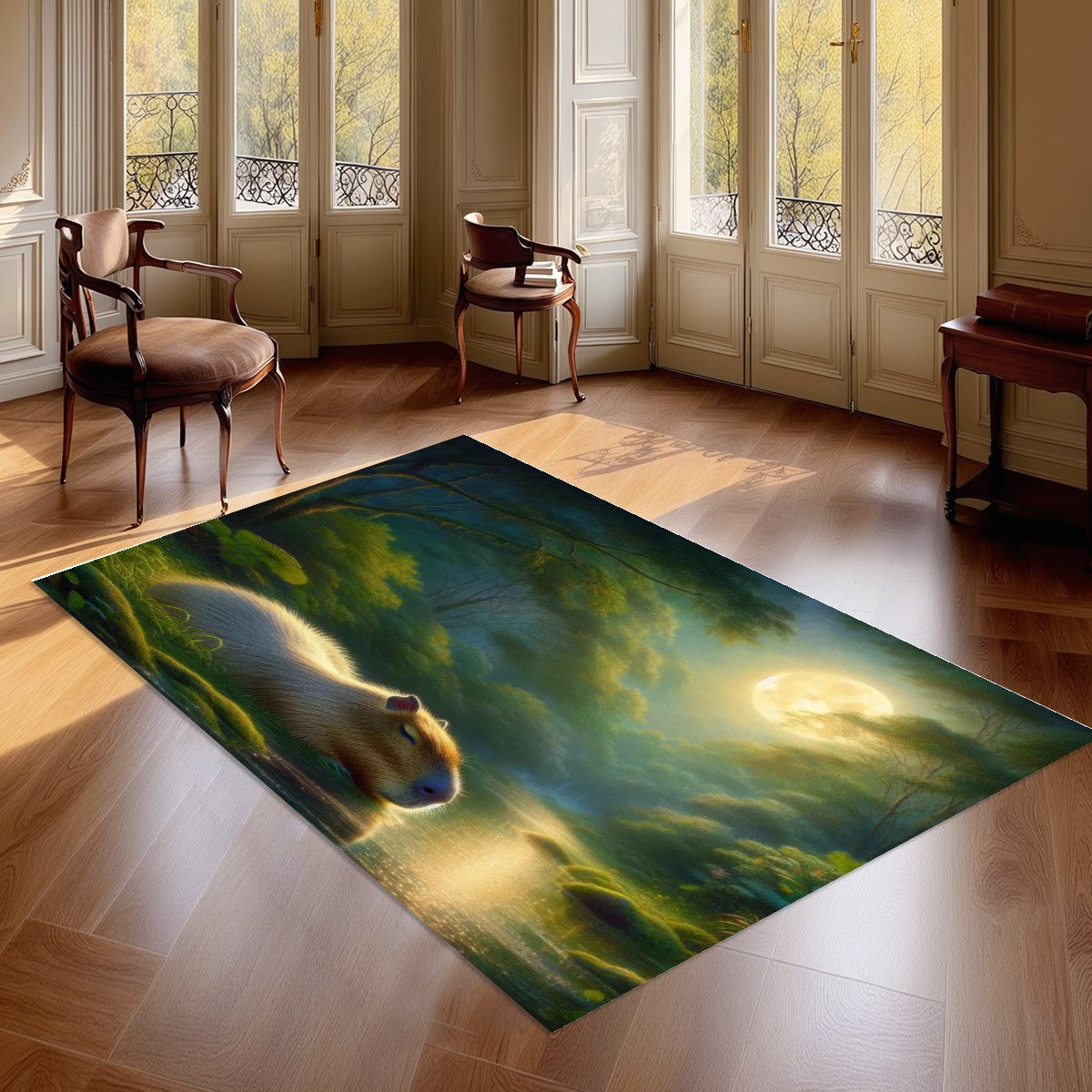 Capybara Under a Golden Moon Area Mat
