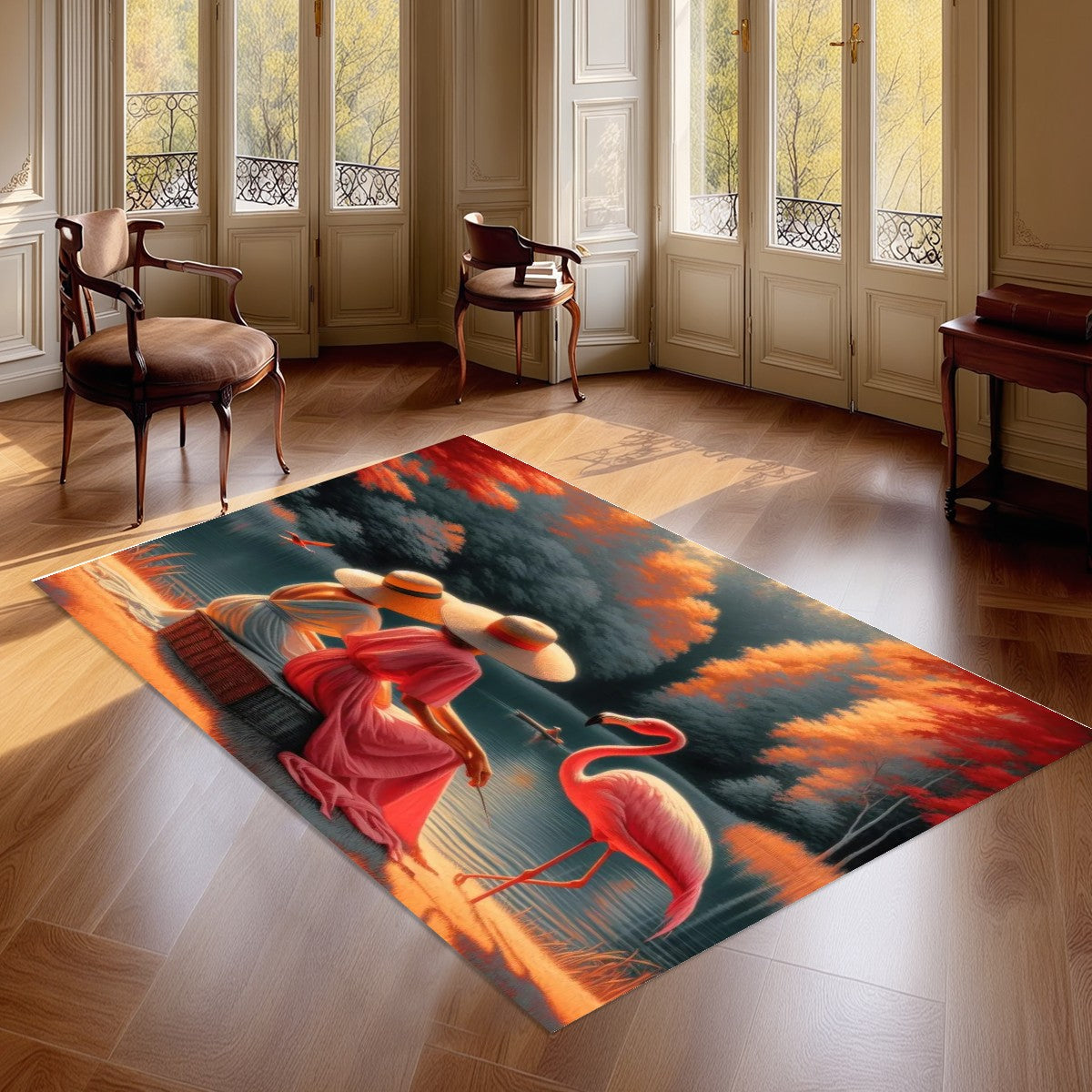 Two Ladies with a Flamingo Area Mat