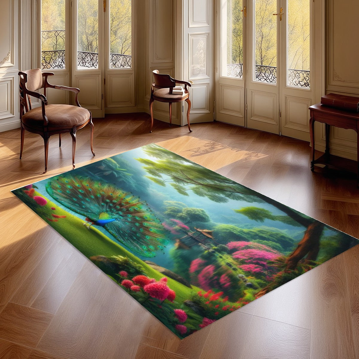 Peacock with Rhododendrons Area Mat