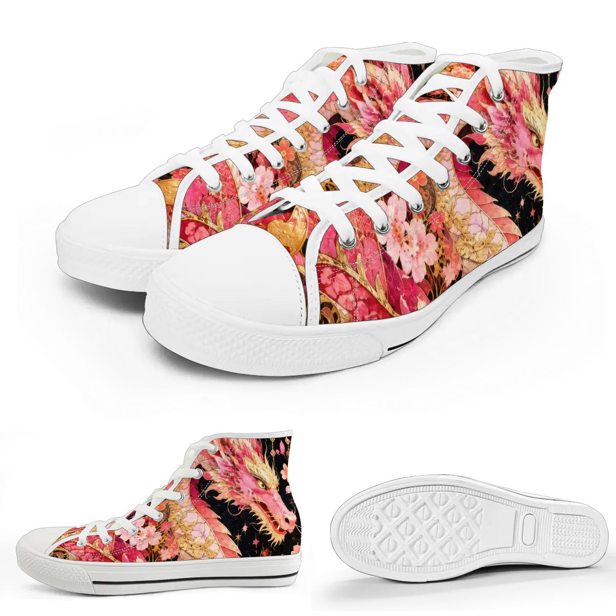 Pink and Gold Sakura Dragon Unisex High Top Canvas Shoes (women's sizes)