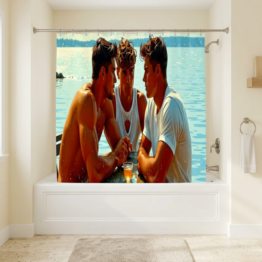 Intensité des Hommes shower curtain in a sunlit bathroom with bathtub