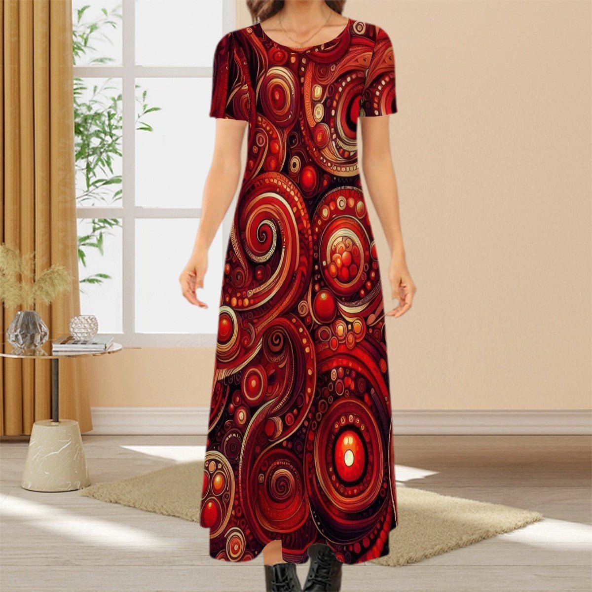KL - DeepScarlet1 Crew Neck Short Sleeve Maxi Dress - Gregg Acini Adoree Designs - Dress