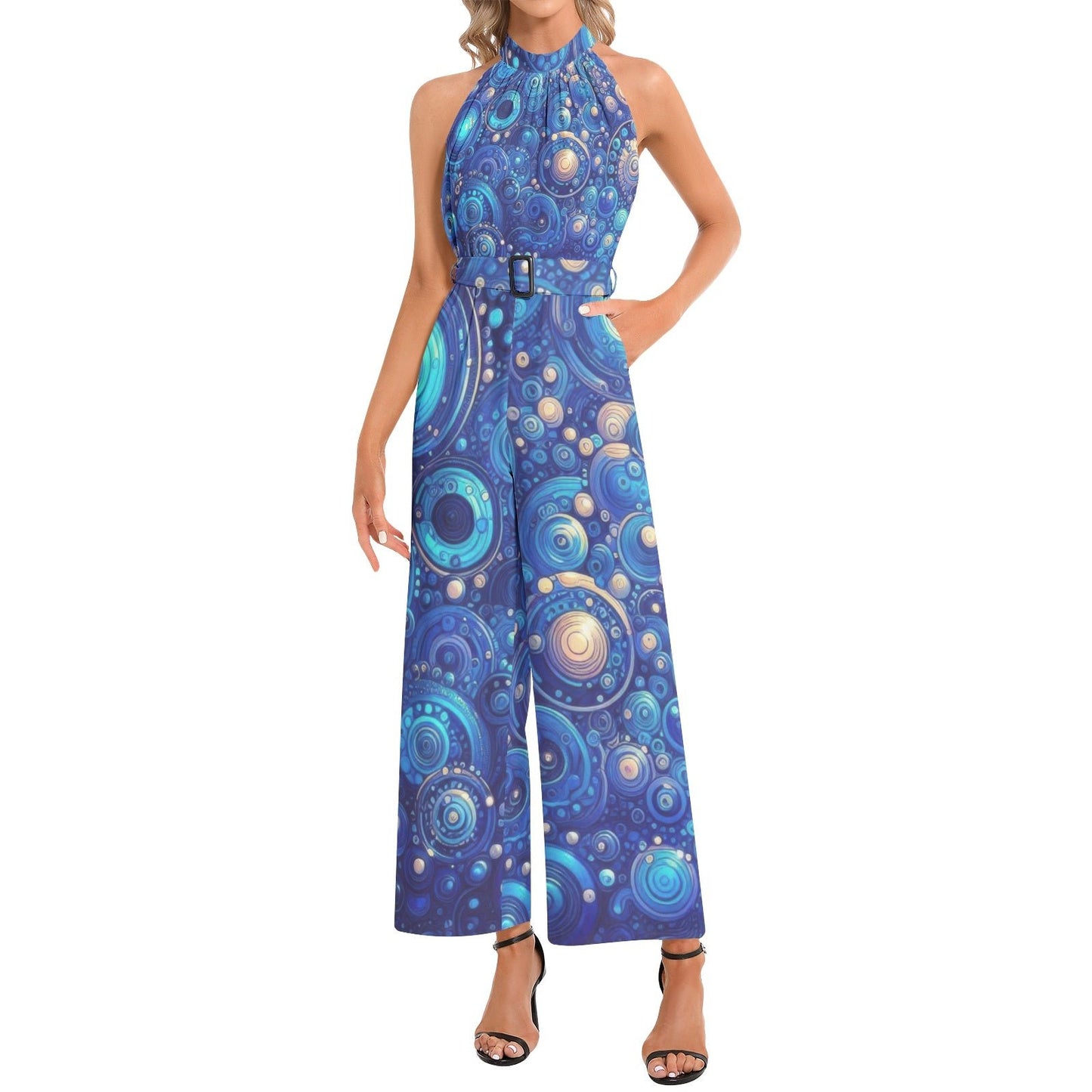 KL - DkBlue1 Halter Neck Buckle Belted Jumpsuit - Gregg Acini Adoree Designs - Jumpsuit