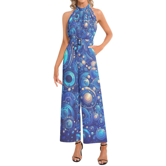 KL - DkBlue1 Halter Neck Buckle Belted Jumpsuit - Gregg Acini Adoree Designs - Jumpsuit