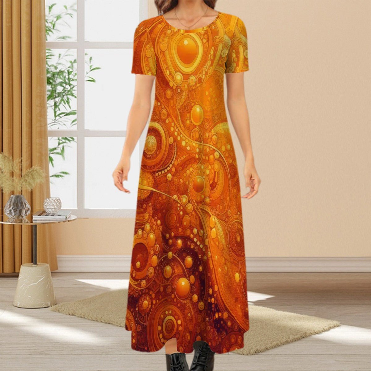KL - Orange1 Crew Neck Short Sleeve Maxi Dress - Gregg Acini Adoree Designs - Dress