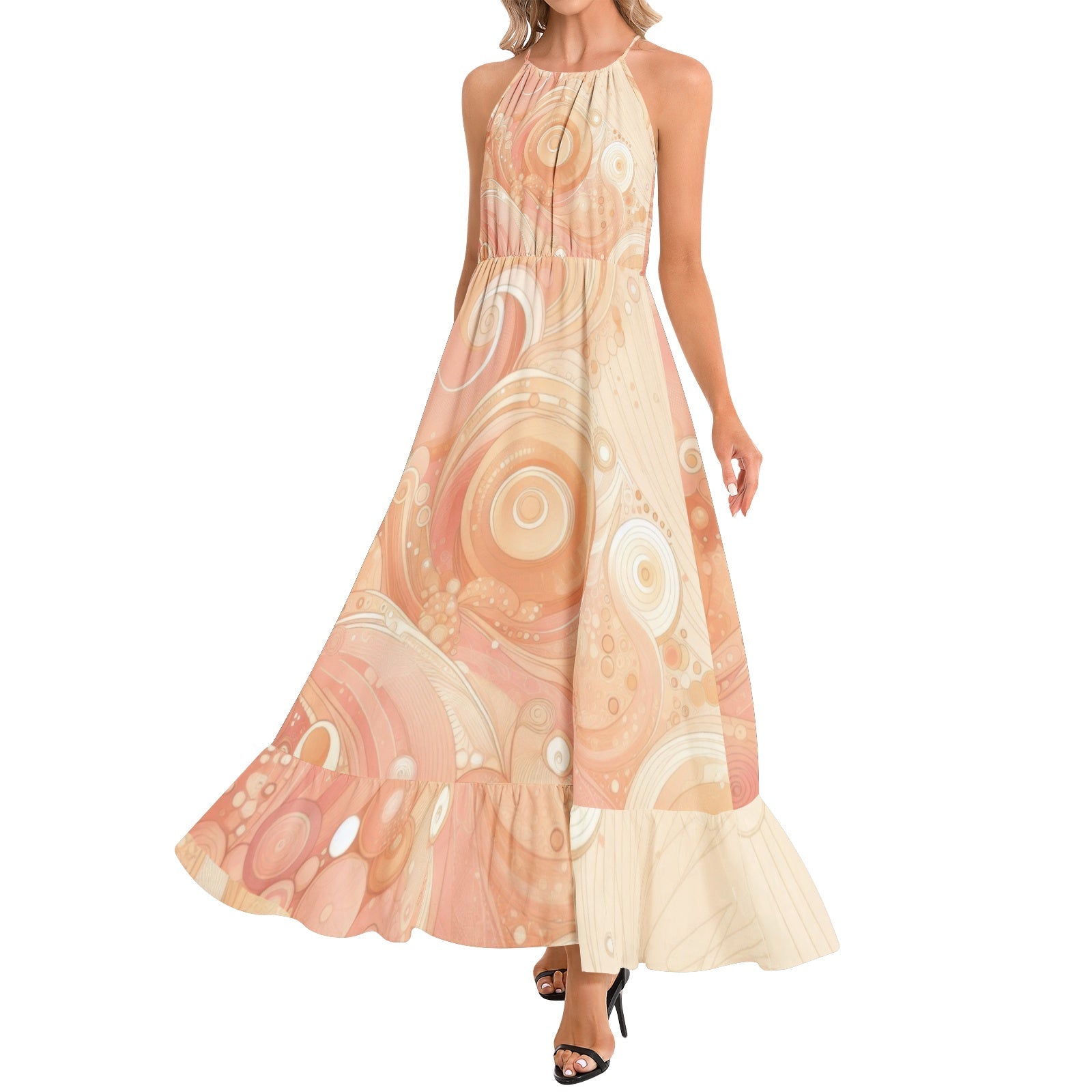 KL - Peach1 Ruffle Hem Halter Neck Maxi Dress - Gregg Acini Adoree Designs - Dress