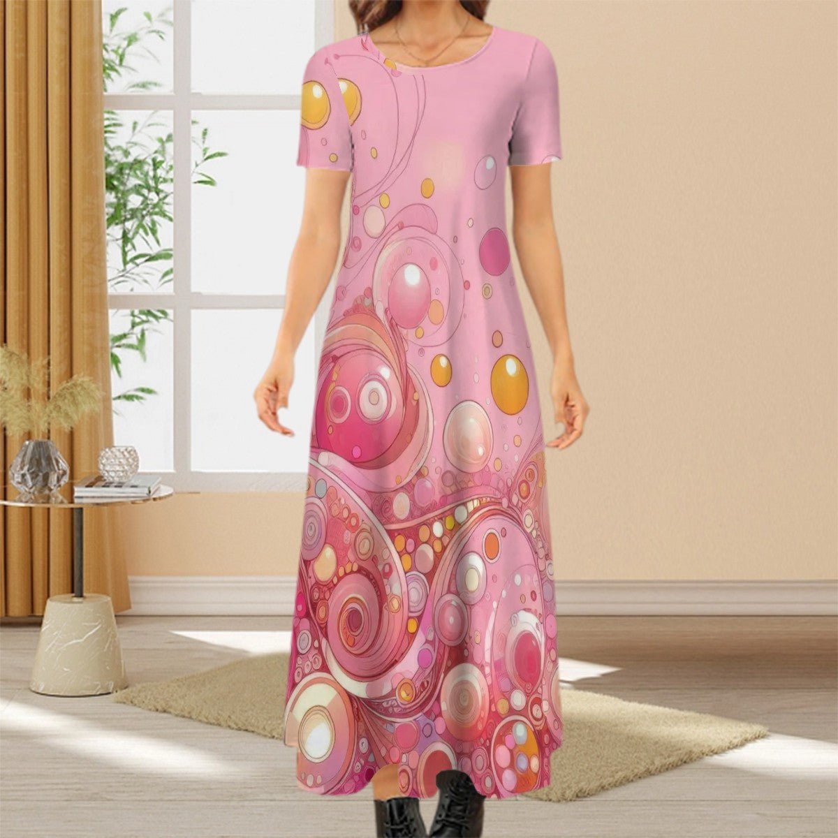 KL - Pink2 Crew Neck Short Sleeve Maxi Dress - Gregg Acini Adoree Designs - Dress