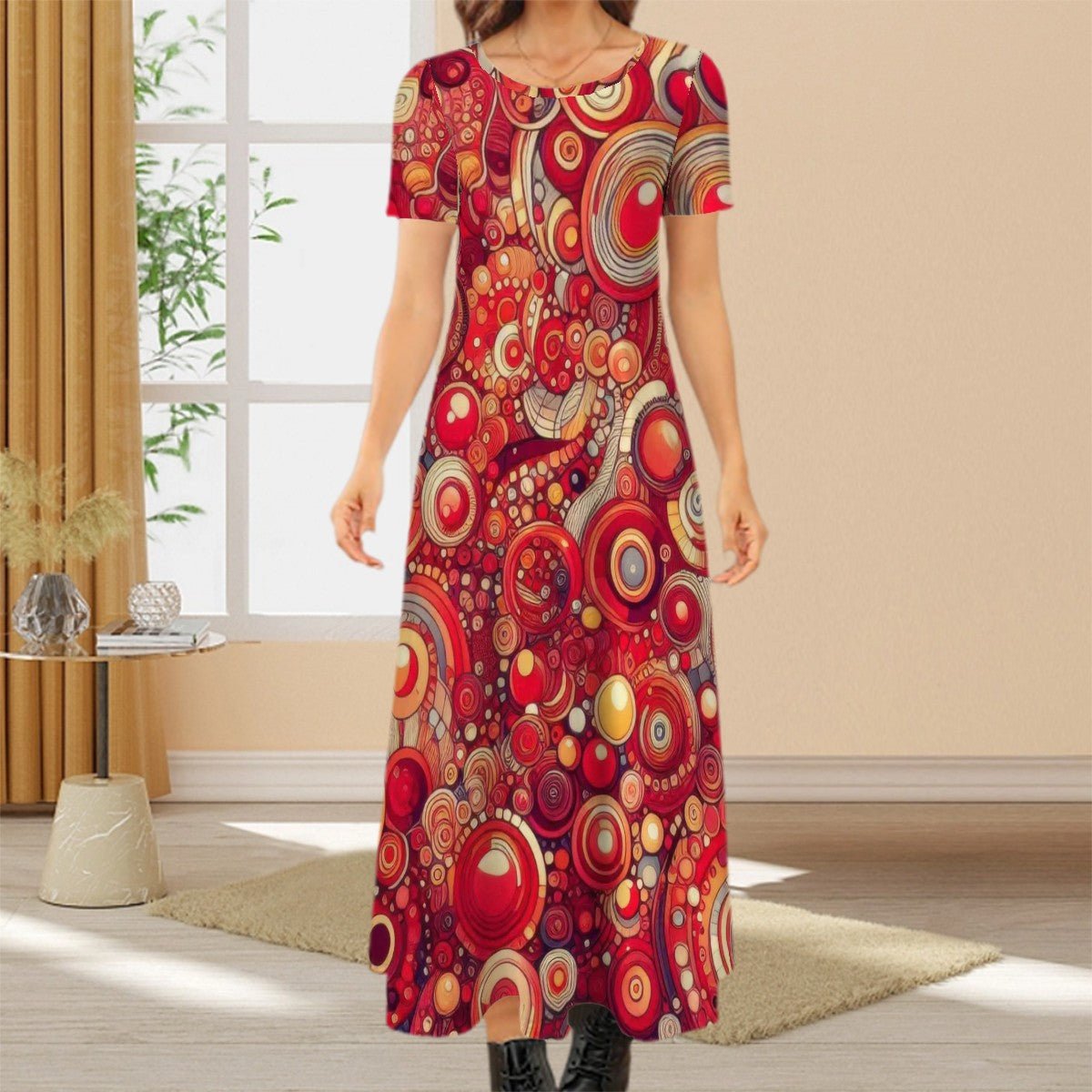 KL - Red1 Crew Neck Short Sleeve Maxi Dress - Gregg Acini Adoree Designs - Dress