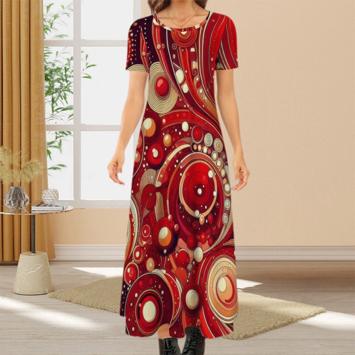 KL - Red2 Crew Neck Short Sleeve Maxi Dress - Gregg Acini Adoree Designs - Dress