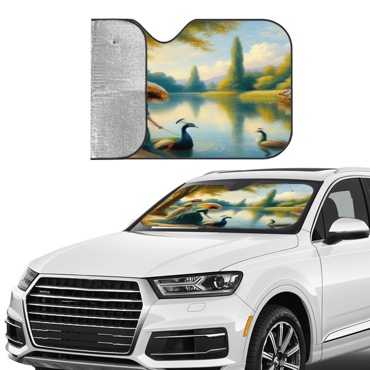 Ladies Poking a Peacock - Car Windshield Sun Shade (Stiff Version) - Gregg Acini Adoree Designs - Sun Shade