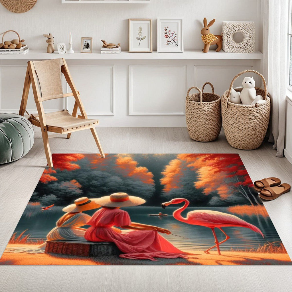 Ladies with a Flamingo Area Rug without Tassels (3:5) - Gregg Acini Adoree Designs - Rugs & Mats