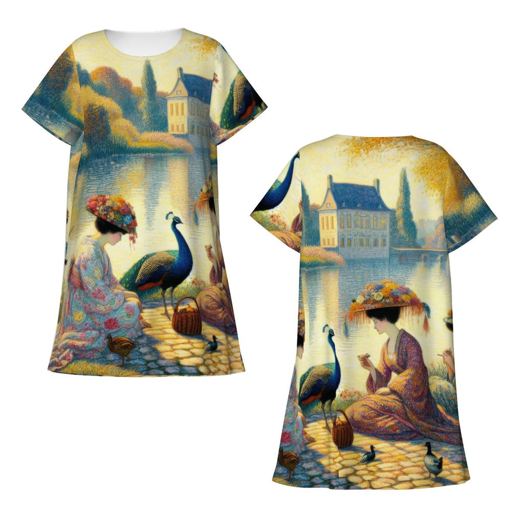 Ladies with Flower Hats and a Peacock Loose Short - Sleeve Nightgown - Gregg Acini Adoree Designs - Women's Pajamas