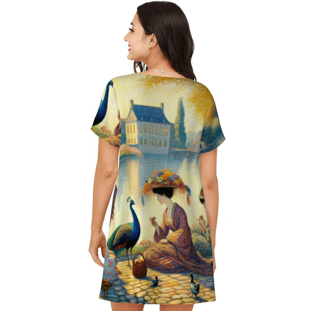 Ladies with Flower Hats and a Peacock Loose Short - Sleeve Nightgown - Gregg Acini Adoree Designs - Women's Pajamas